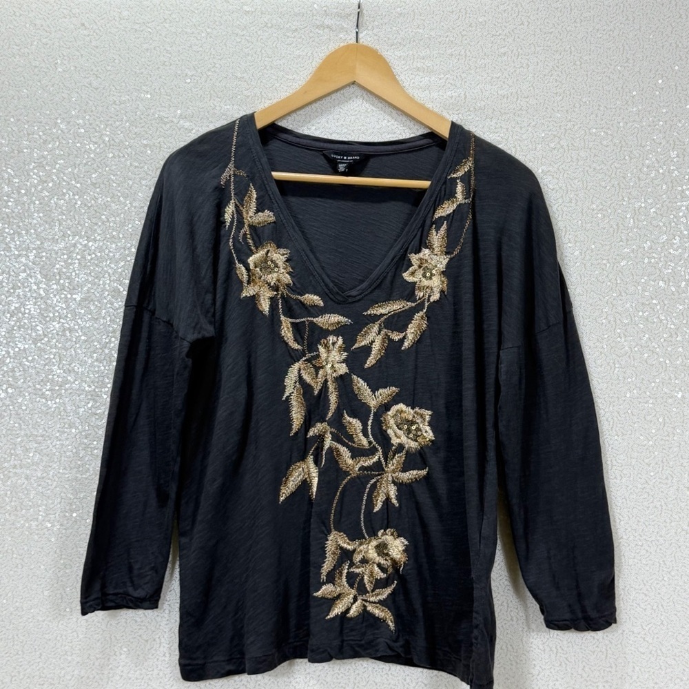 Lucky Brand Black Long Sleeve Top Gold Floral Embroidered Sequin size medium